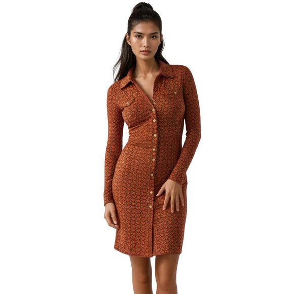 Michael Kors Fitted Orange Chainlink Print Shirt Dress XXS - Picture 10 of 10